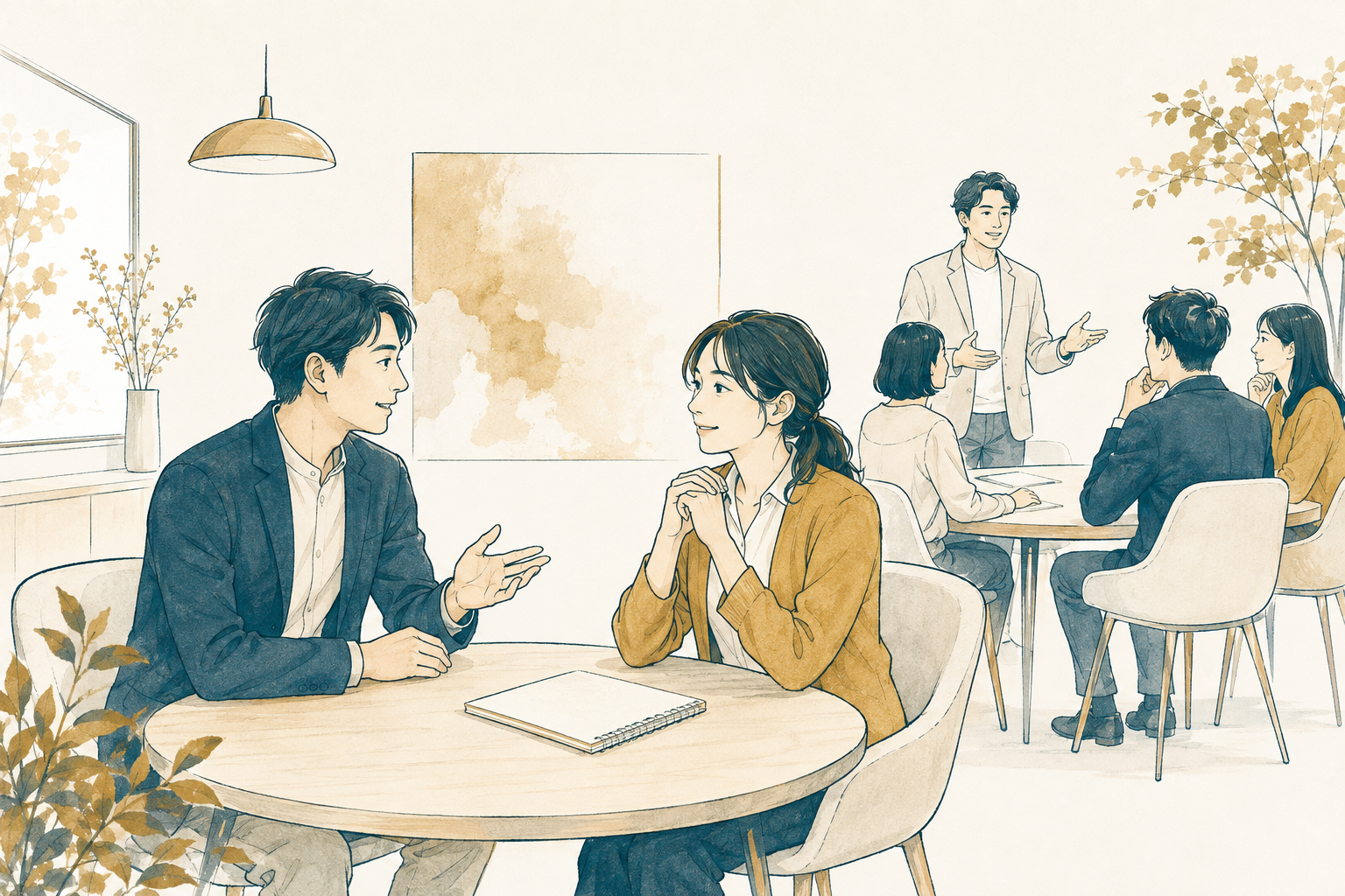 対話と研修を表すAIイメージ。実在の講師や参加者ではありません